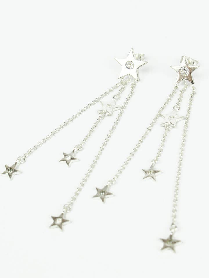 SILVER AND CZ STAR CHAIN DROP EARRINGS for wholesale by My Doris