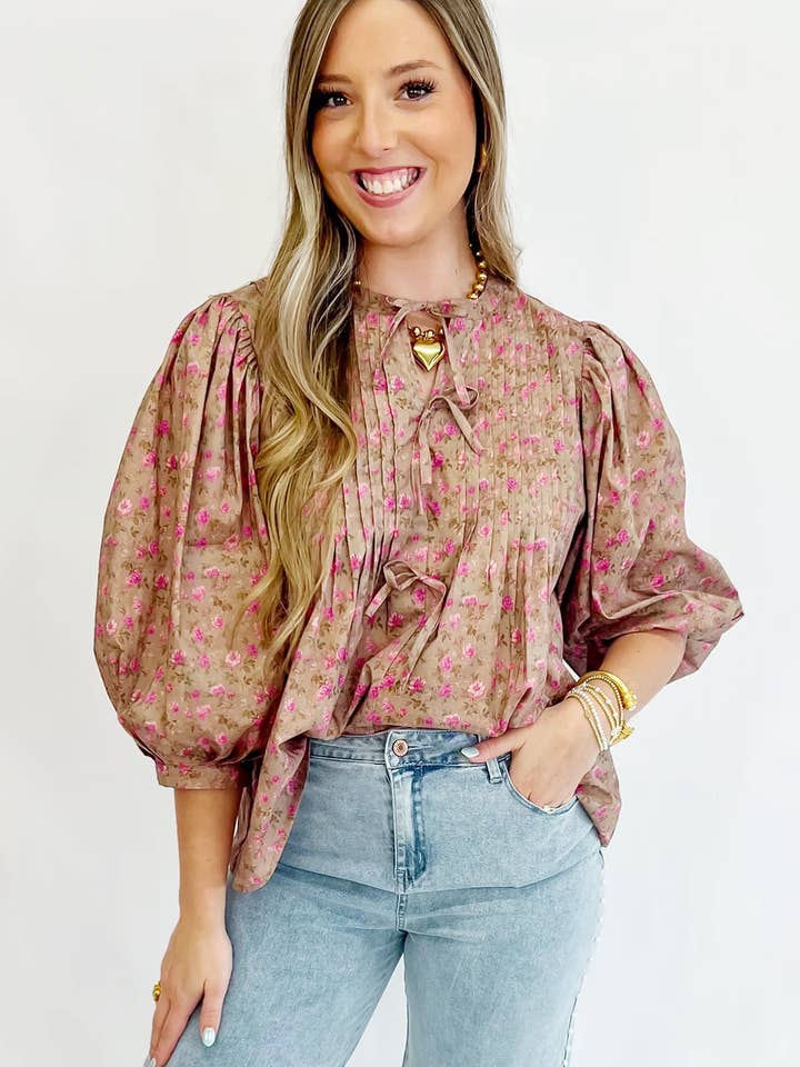 Light French Beige Floral Print Bow Pintuck Bust Half Puff Sleeve Blouse Top for wholesale on Faire2