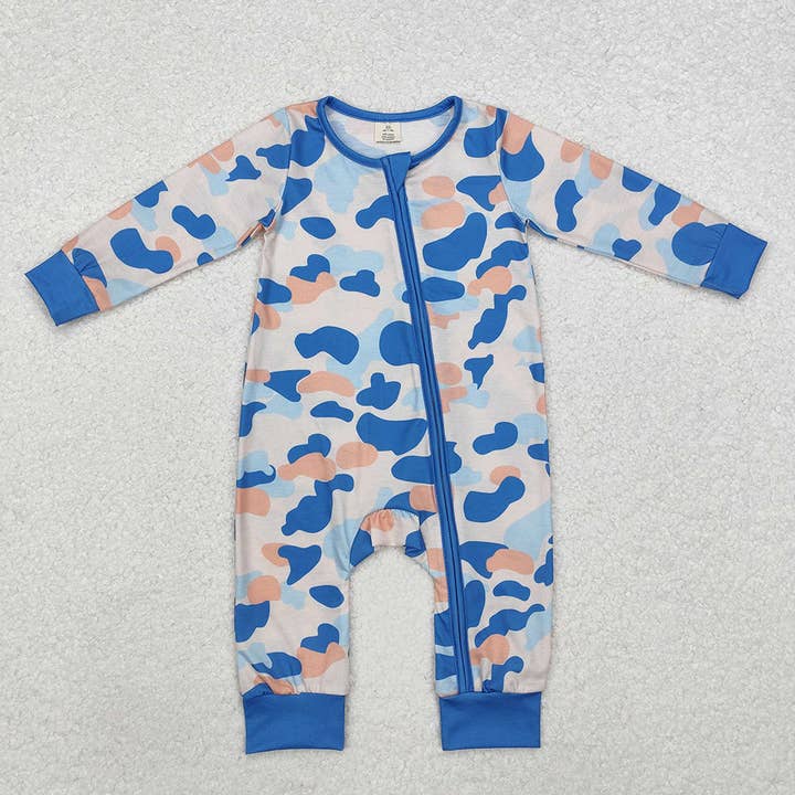 Baby Infant Boys Blue Camo Fall Zip Long Sleeve Rompers for wholesale by Aier Wholesale