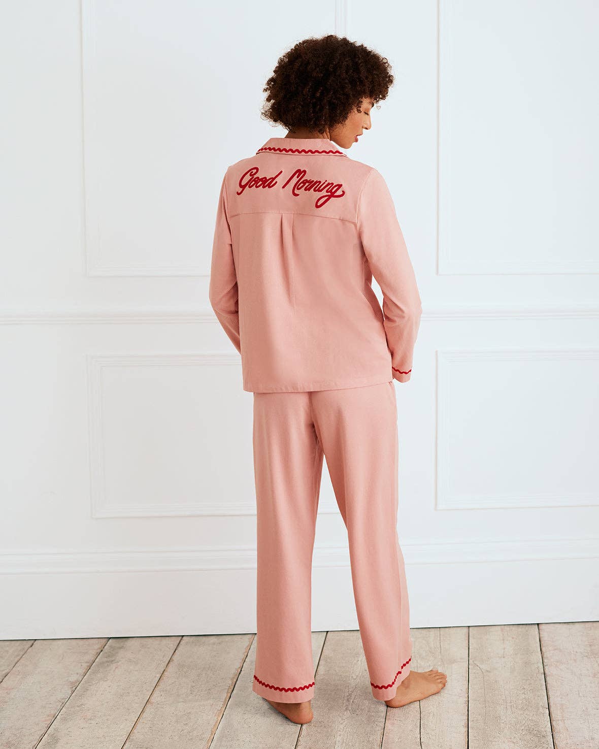 Pink Organic Cotton Embroidered Back Good Morning Long Pyjama Set for wholesale on Faire5