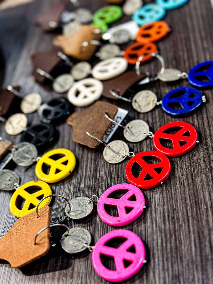 Earrings Peace sign with coin for wholesale by Sandra Ling Designs