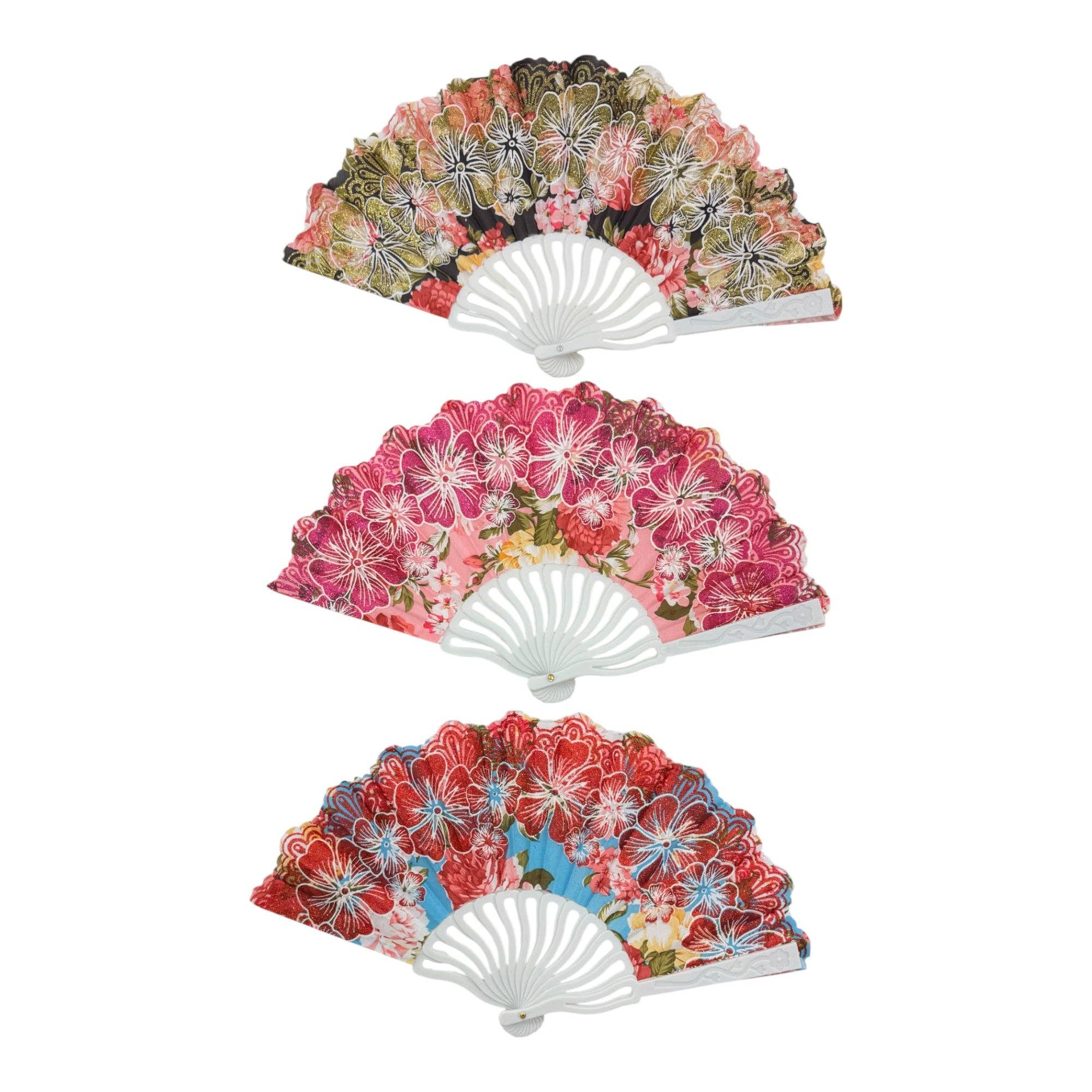 ASSORTED Glitter Flower Hand Held Folding Fan FN0449 (12PC) for wholesale on Faire5