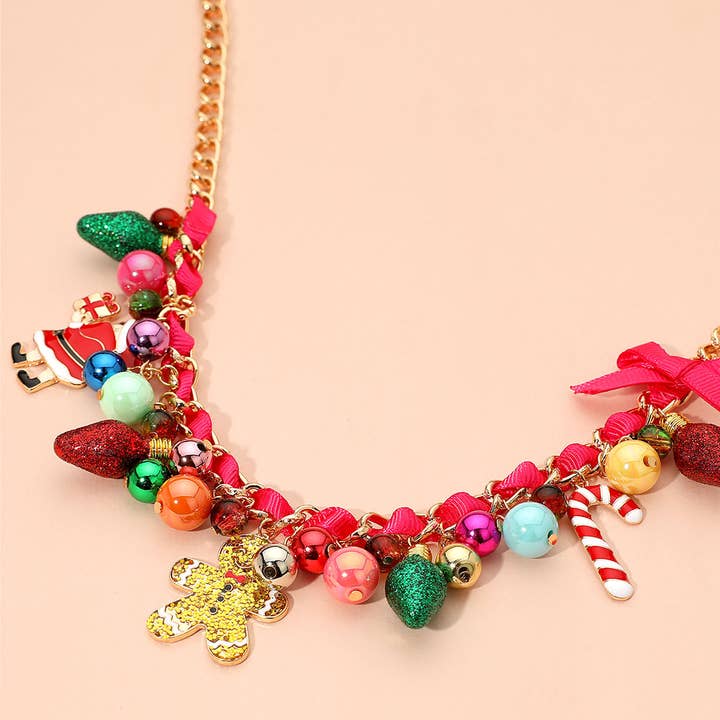 Sensibling Corp. - Wholesale Kids Necklace - Kids - Holiday Santa Gingerbread Man Candy Cane Pearl Bow Charm Beaded Necklace