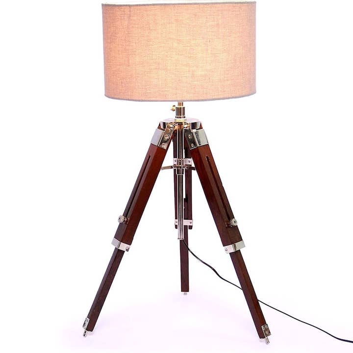 DDecorStore - Vente Lampes d'appoint/de bureau - Support de lampe de table en bois, trépied nautique chromé