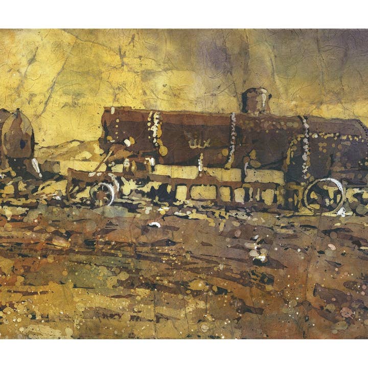 Train Cemetery in the Salar de Uyuni, Bolivia. Train artwork Cemeterio de Trenes Salar de Uyuni colorful watercolor painting Bolivia art for wholesale by Ryan Fox Fine Art