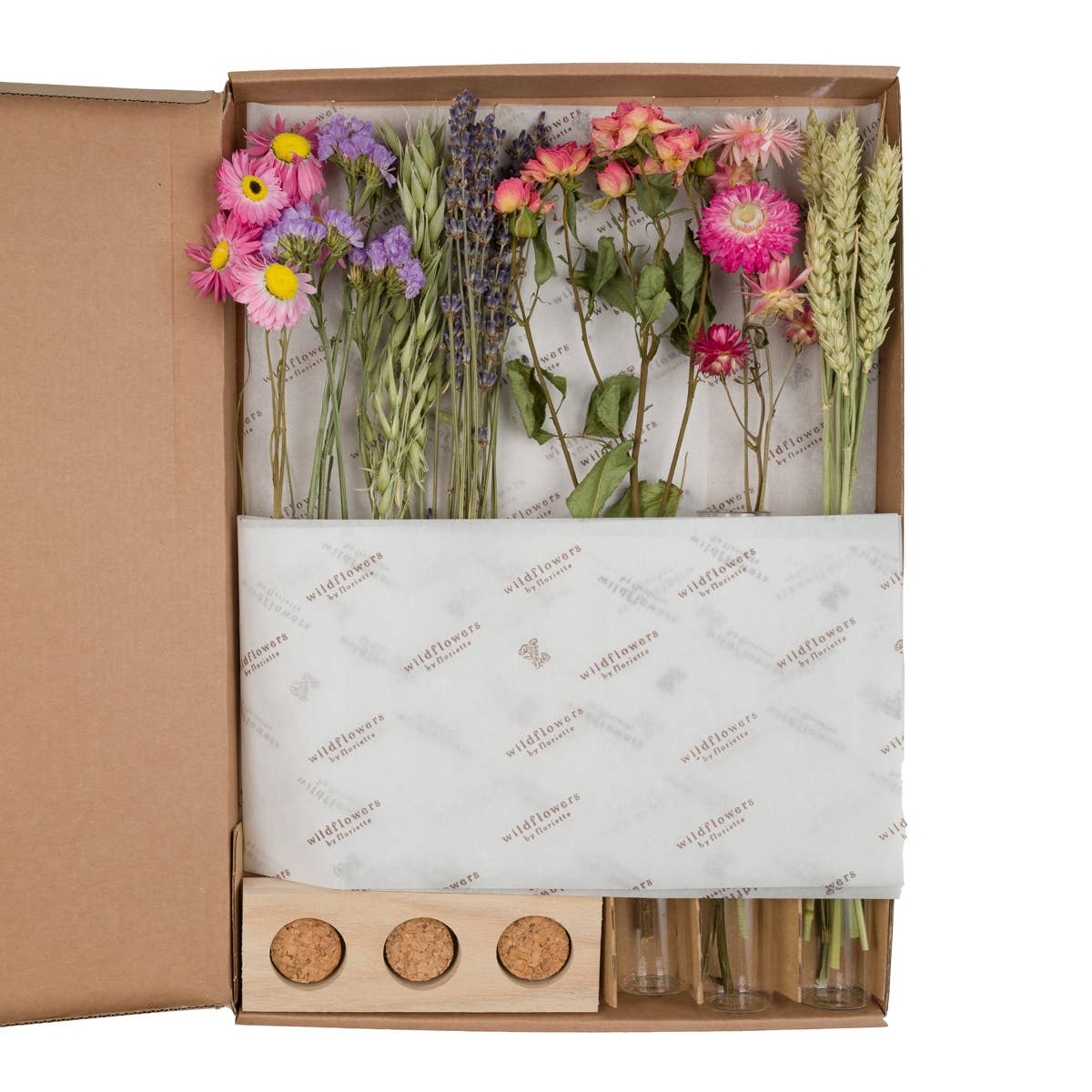 Wildflowers by Floriette - Vente Fleur séchée/pressée - Fleurs séchées dans boîte aux lettres (coffret cadeau) avec vases - Rose1
