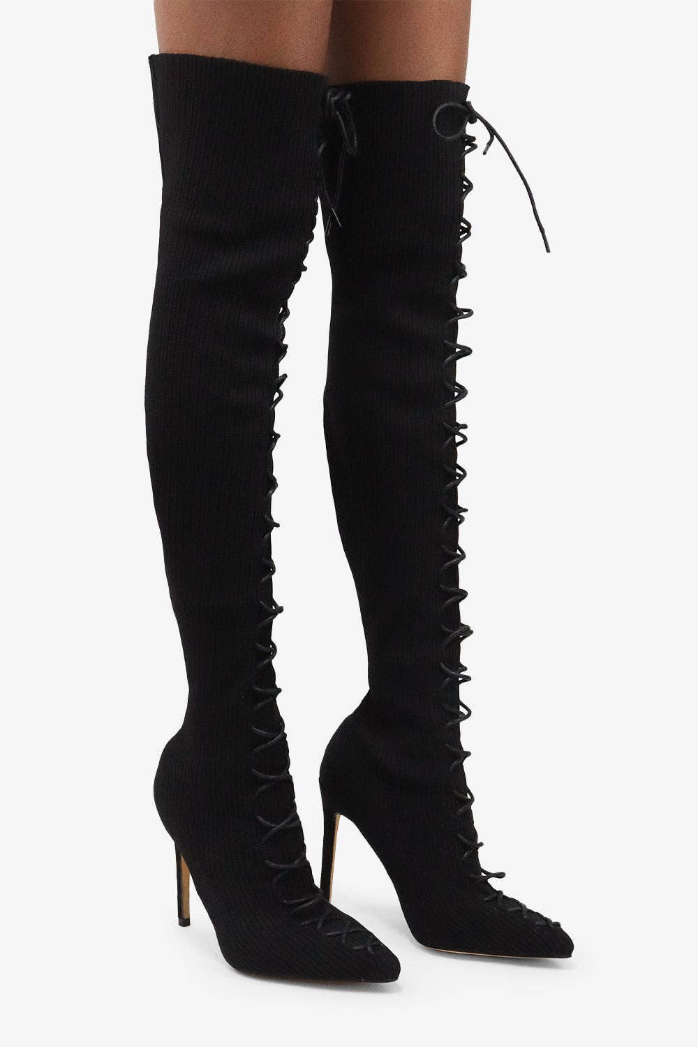 Lemonade Shoes – Botas - Mulher por atacado – ZERI - Bota rosa de tricô tipo meia, acima do joelho com cadarço7