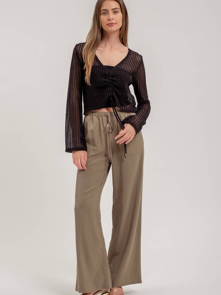 DRAWSTRING LONG SLEEVE SHEER CROCHET TOP for wholesale by Blu Pepper