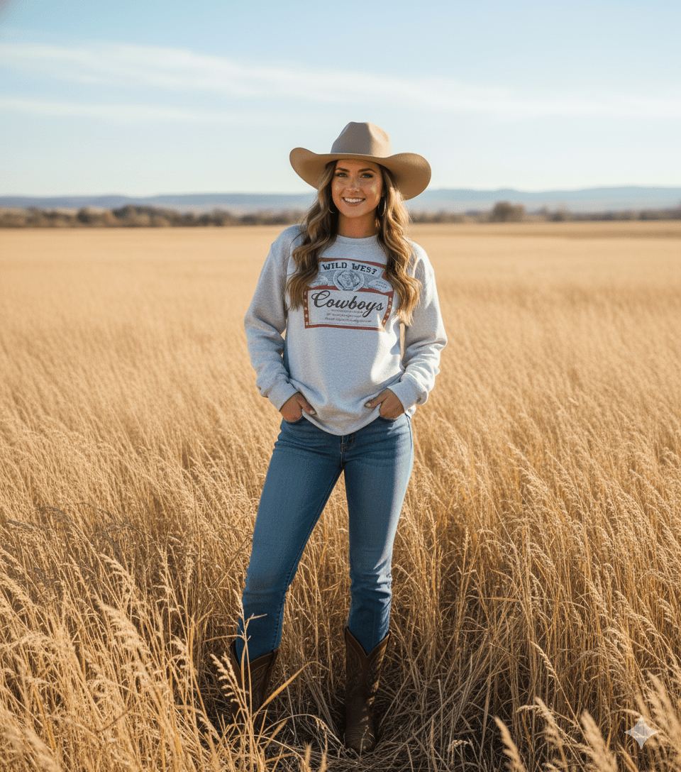 Ash Wild West Cowboys Western Beer Logo Graphic Sweatshirt for wholesale on Faire1