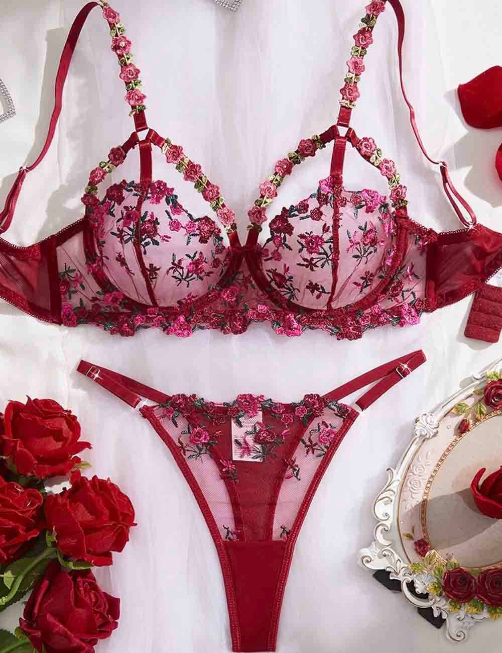 Wine Ladies Floral Embroidery See Through 2PCS Lingerie Set XX0226 for wholesale on Faire2