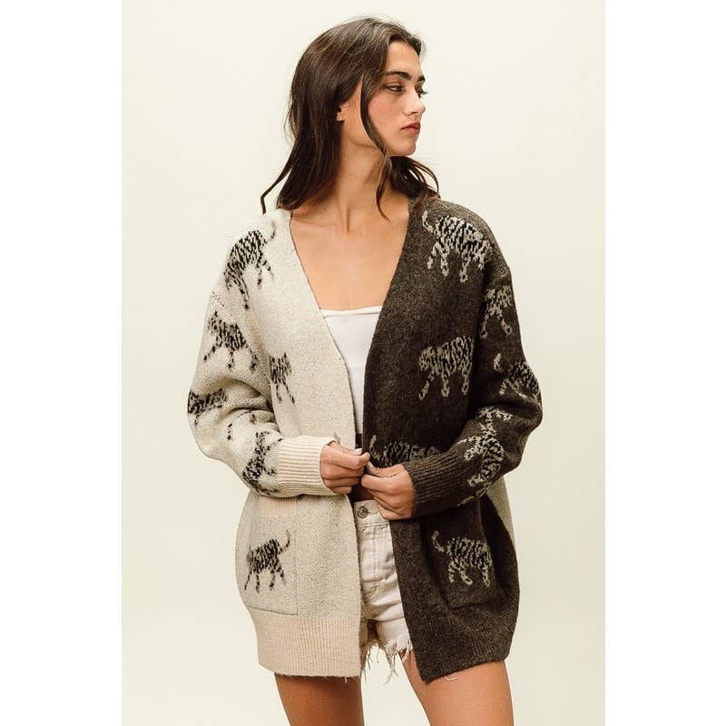 IVE - Vente Cardigan – femme - CARDIGAN À COL EN V À MOTIF TIGRE ET POCHES PLAQUÉES10