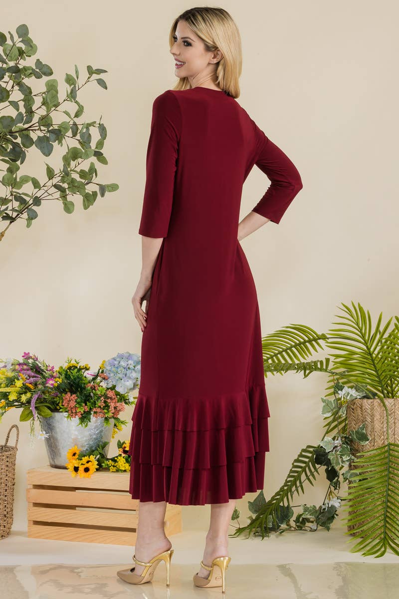 Celeste Clothing – Großhandel Kleid – Damen – Großgrößen-Midikleid mit gestuften Rüschen und 3/4-Ärmeln15