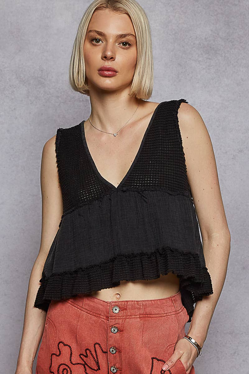 Pol Clothing - Wholesale Knit Top - Women's - Sleeveless contrast thermal cropped babydoll top SALE24