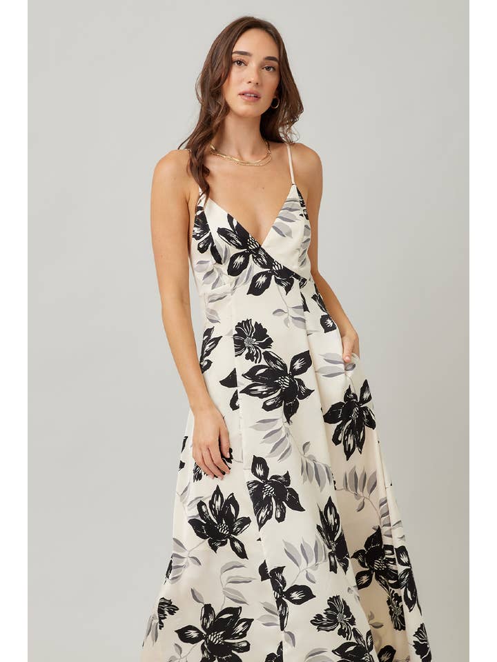 IVORY Fall Holiday Floral Printed Satin Open Back Maxi Dress for wholesale on Faire4