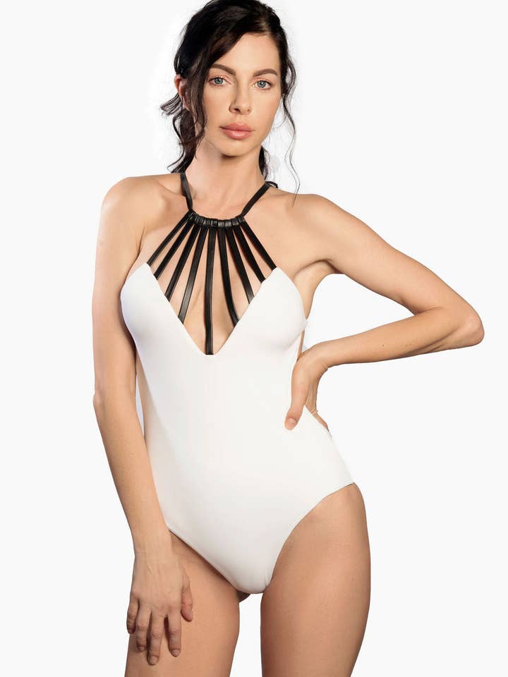 TAYLOR - PREMIUM VEGAN LEATHER HARNESS ONE PIECE SWIMSUIT for wholesale by Dolce Aqua Swimwear