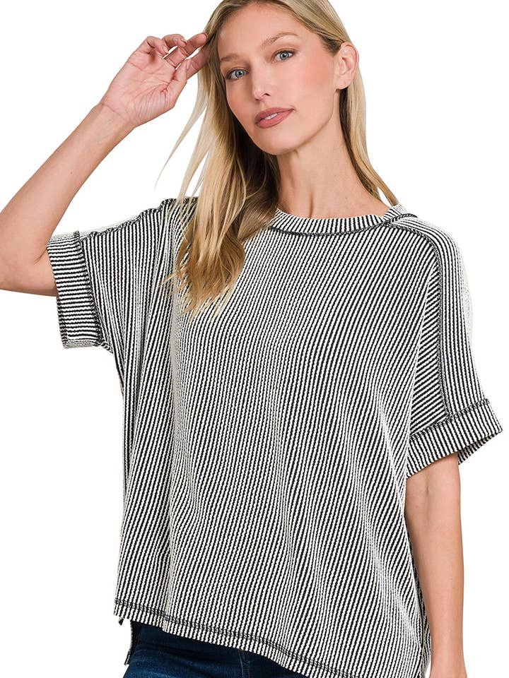 42POPS - Wholesale Knit Top - Women's - ',._ Corded Rib Short Cuff Sleeve Raw Edge Top