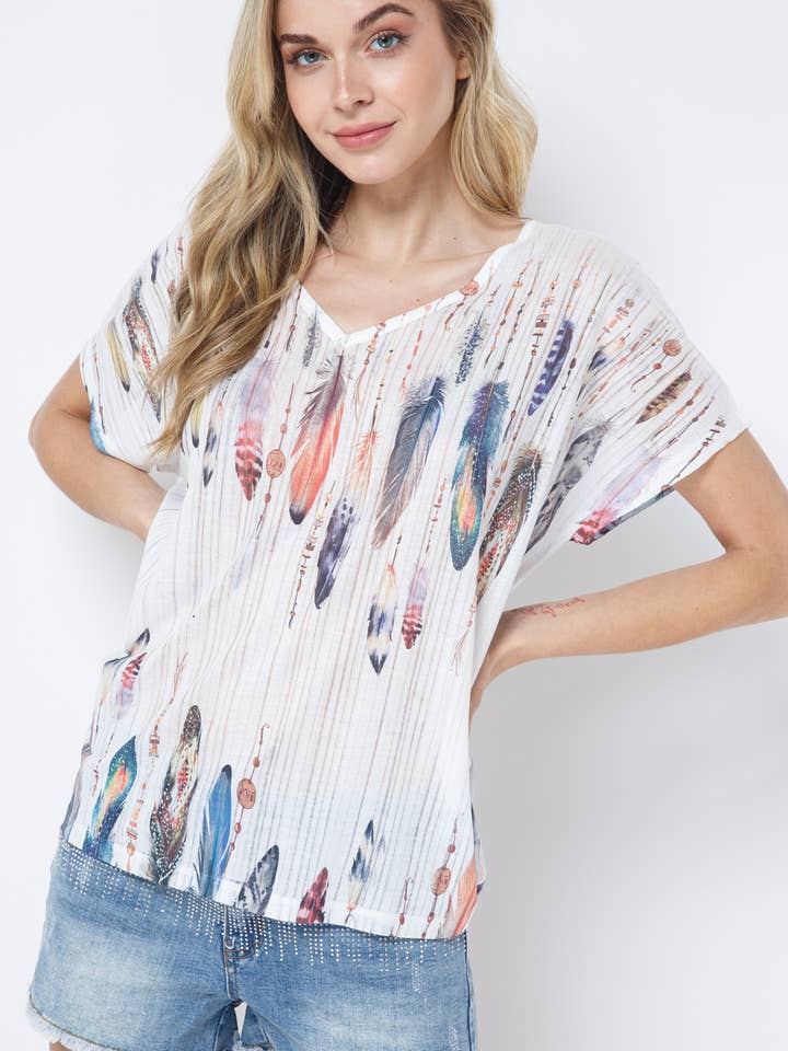 MULTI V NECK FEATHER PRINT SHORT SLEEVE TOP for wholesale on Faire