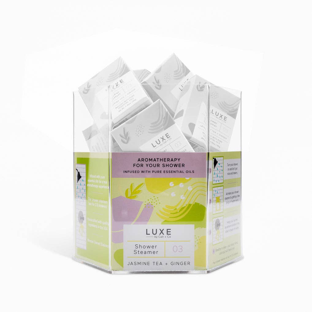 Cait + Co - Wholesale Display Case - Luxe Shower Steamer Hexagon Display with signs - Empty9