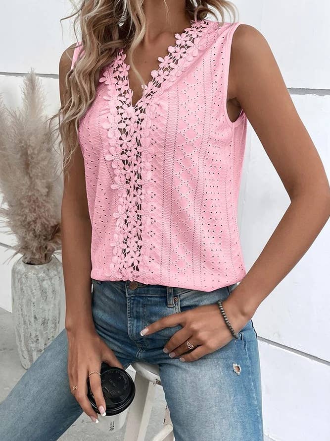 UNISHE - Wholesale Blouse - Women's - V Neck Jacquard Eyelet Tank Top AXR0379