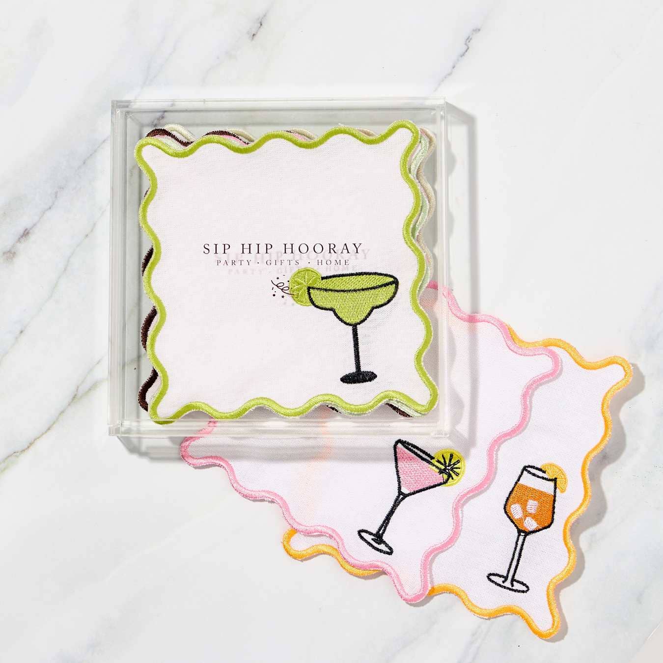 Sip Hip Hooray - Wholesale Dinner & Cloth Napkin - Embroidered Cocktail Napkins with Reusable Acrylic Box 2