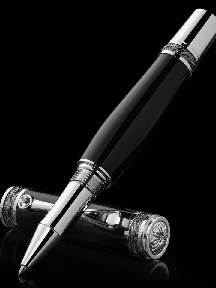 PITCHMAN TYCOON™ JETT BLACK ROLLERBALL PEN - Handcrafted of Rhodium, Black Titanium, and Swarovski Crystal - Limited Production for wholesale by Pitchman®