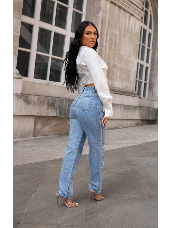Femme Luxe - Wholesale Jeans - Women's - Blue Denim Ripped Back Mom Jeans - Jayda1