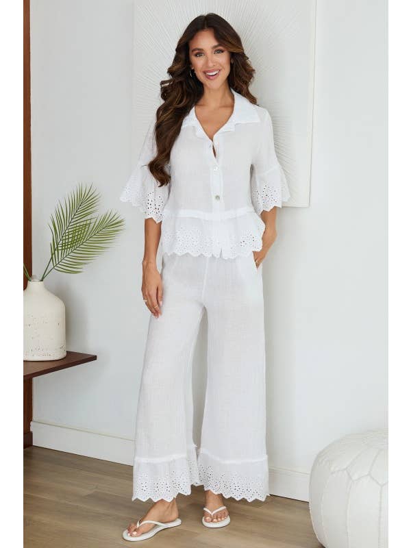 VENTI6 - Wholesale Pants - Women's - EYELET HEM COTTON WIDE LEG LINEN PANTS (19-48)3