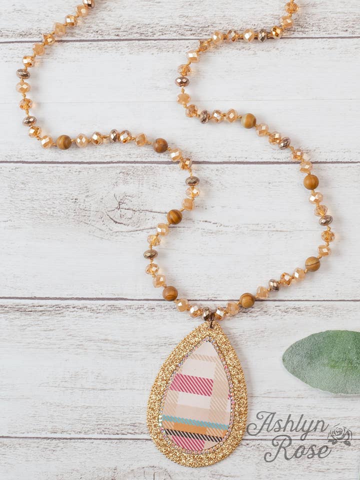 Never Plaid So Well Cream Beaded Necklace With Gold And Multi-Colored Plaid Pendant for wholesale by GRACE+EMMA by Southern Grace