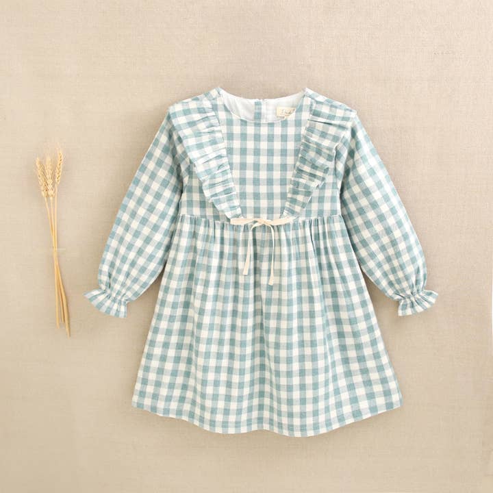 Dadati - Wholesale Dress - Kids - Water green vichy checkered flannel dress with bow2