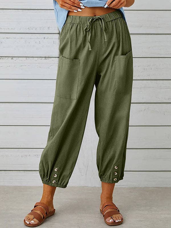 Plush Looks - Wholesale Pants - Women's - High Waisted Loose Buttoned Drawstring Elasticity Pockets Split-Joint Ninth Pants Trousers12