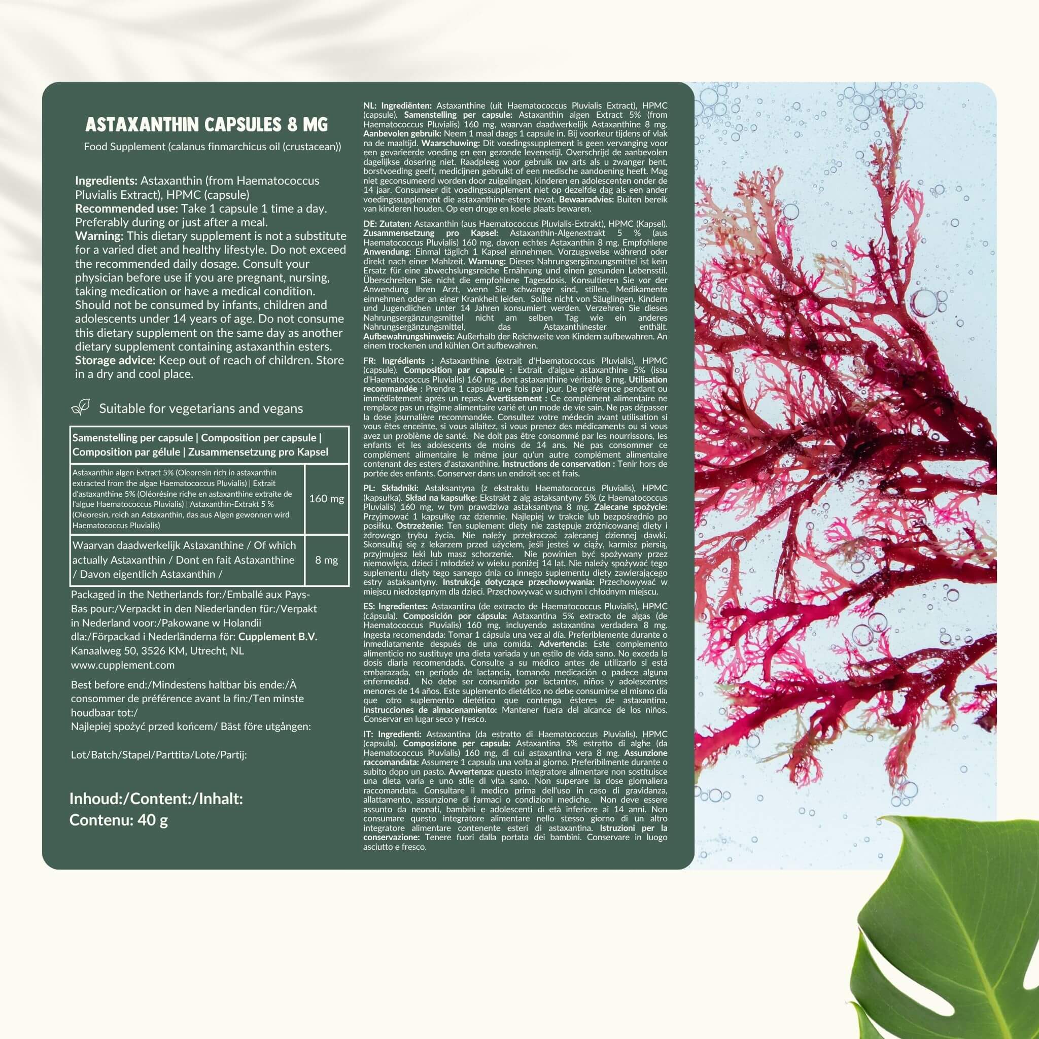 Cupplement b.v. - Wholesale Oral Supplement/Vitamin - Astaxanthin Capsules 8 mg  60 Capsules6