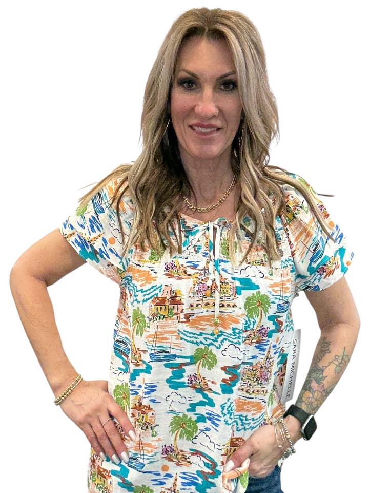 G205028A16-I - Elfenben Guld Jade - Kortærmet Bindebånd V-hals T-shirt A3739 for engroshandel hos K & C Clothing, Inc.