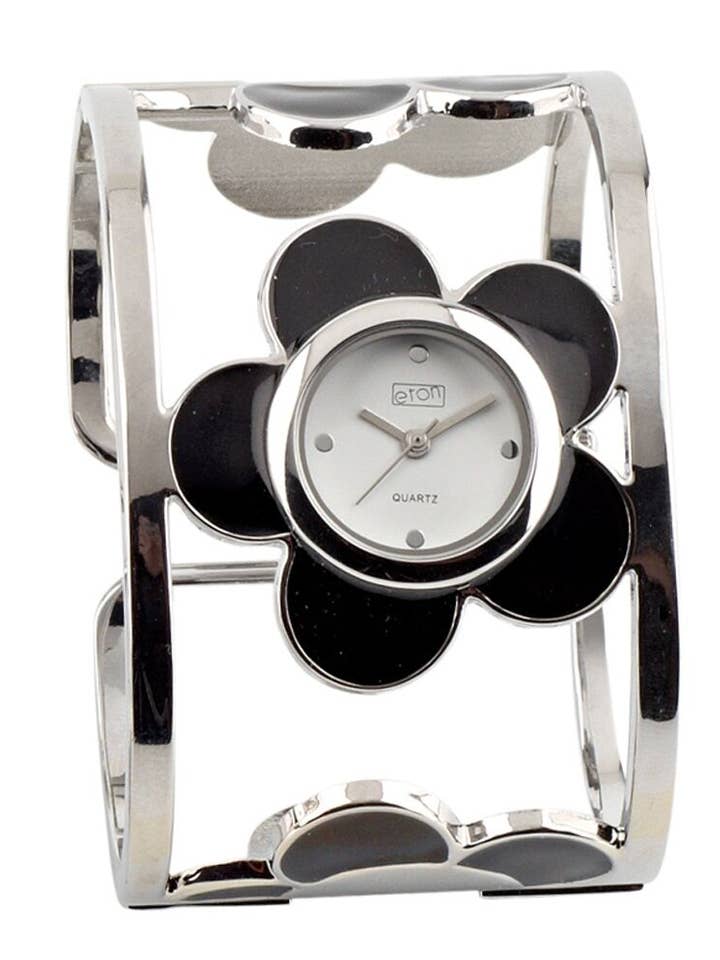 Elegant Black Enamelled Flower Bangle Watch for Women for wholesale by Eton Watches