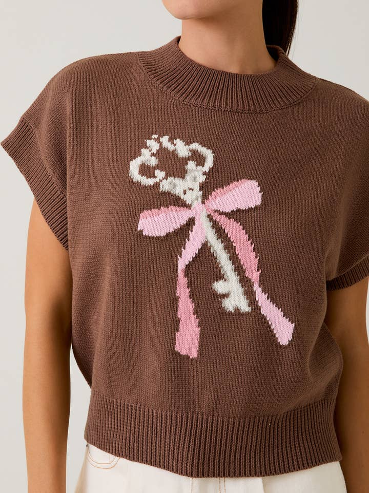 Brown MOCK NECK WIDE SHOULDER "KEY" GRAPHIC SWEATER for wholesale on Faire4