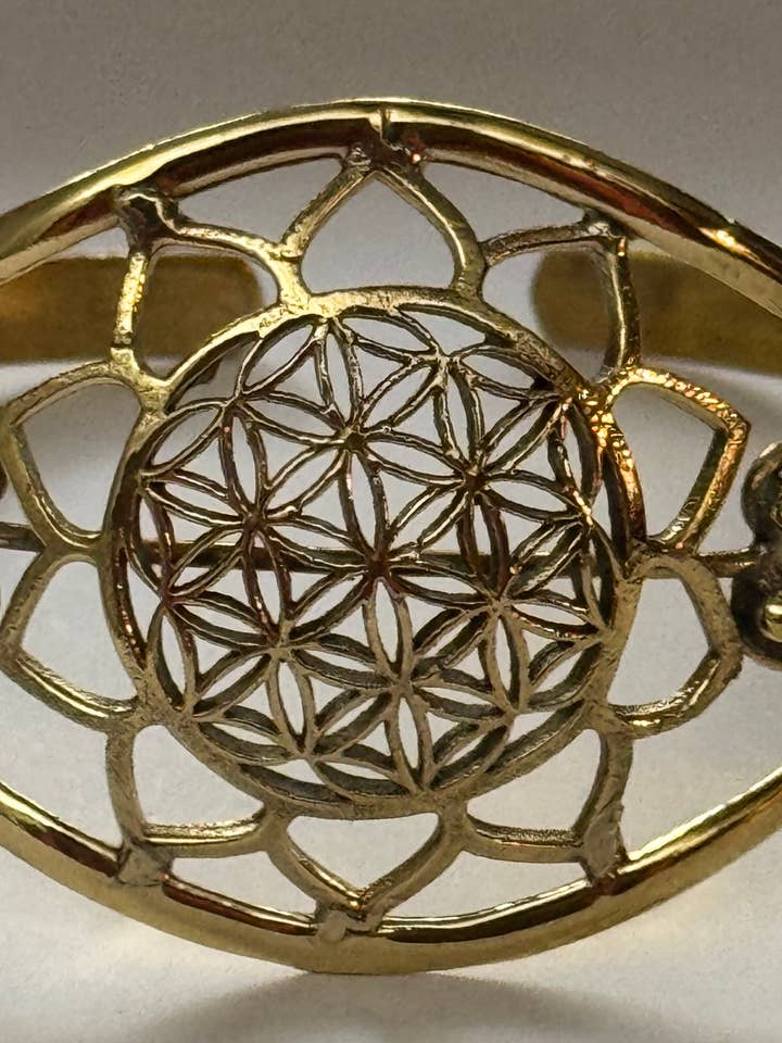 Brass flower of life open cuff bracelet for wholesale by The Curator