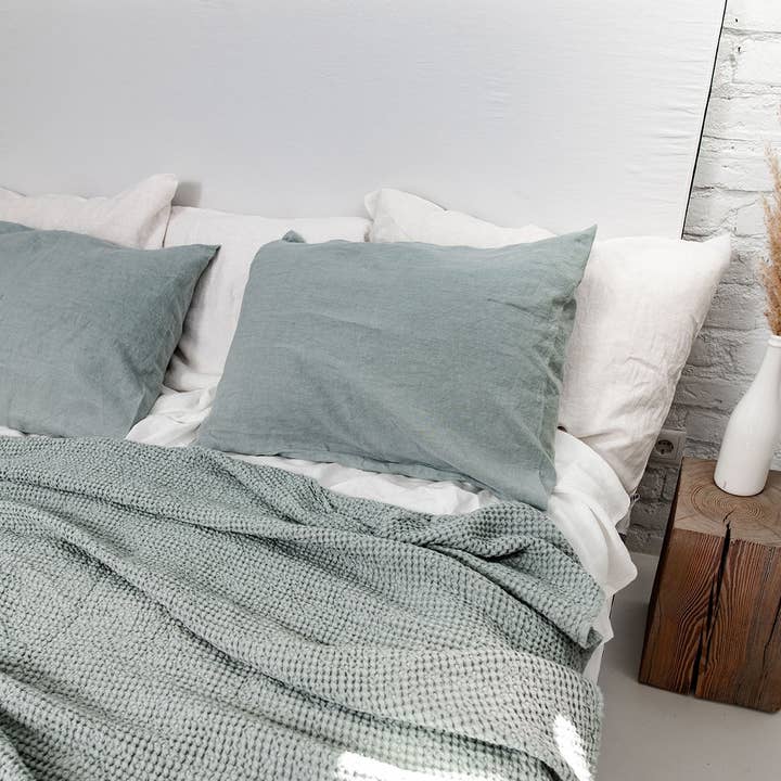 Linen waffle blanket in Sage Green for wholesale on Faire0