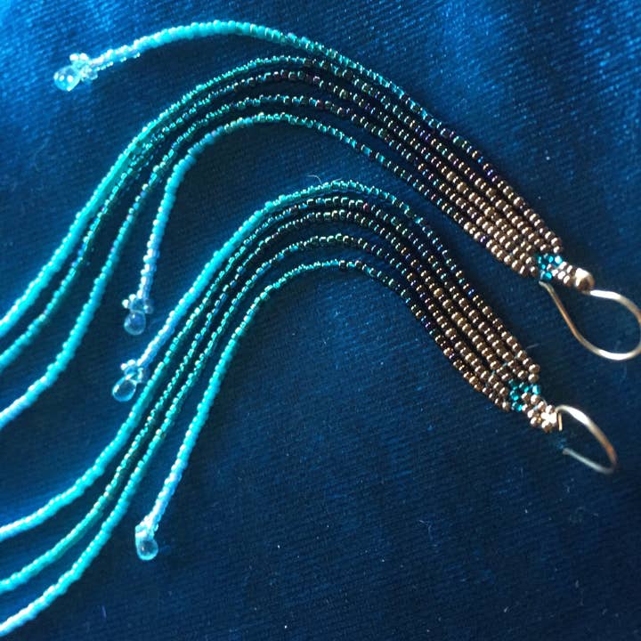 Gold, Deep Blue Ocean, Sky Fade 7" Long Seed Bead Earrings for wholesale by Maui Swan Designs