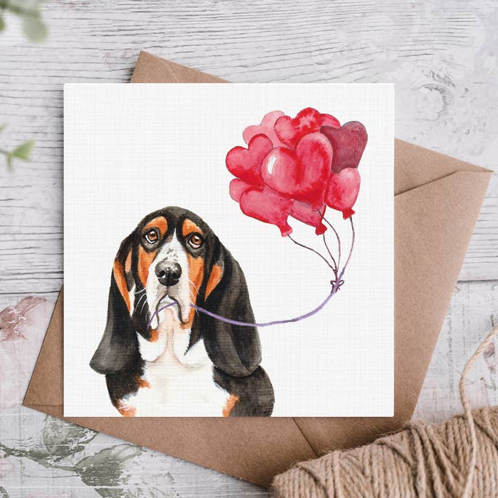 Biglietto di San Valentino tricolore Basset Hound per la vendita all'ingrosso da parte di Cloud Jellybean Art