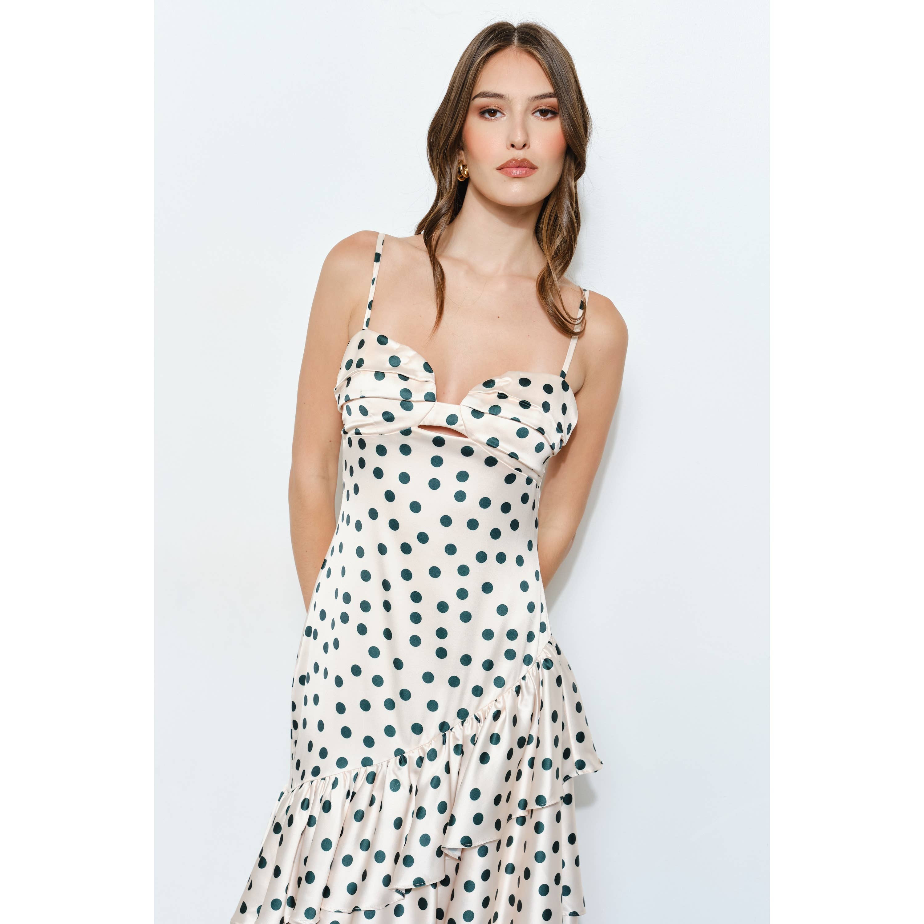INA – wholesale Dress – Women's – Satin Polka Dot Tiered Ruffle Maxi Dress9