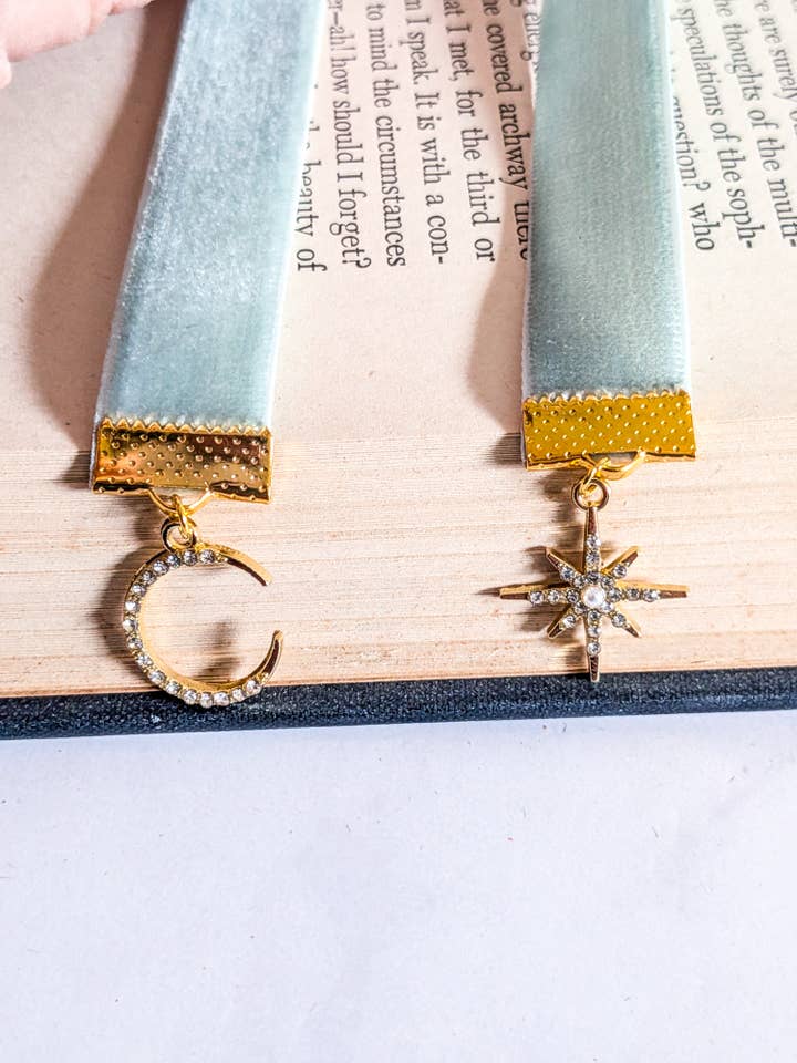 Celestial Gold Ribbon Bookmark with Moon and star, gemstone for wholesale by Bookish Trinkets