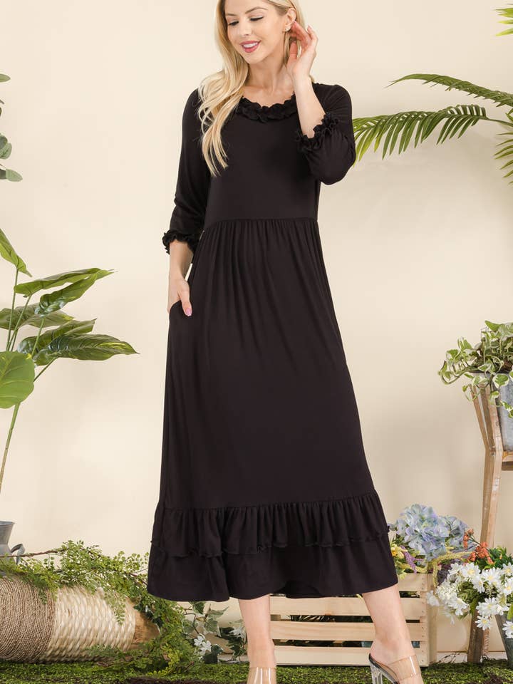 Celeste Clothing - Wholesale Dress - Women's - PLUS SIZE DRESS WITH RUFFLE SLEEVES AND HEMLINE -CD43855