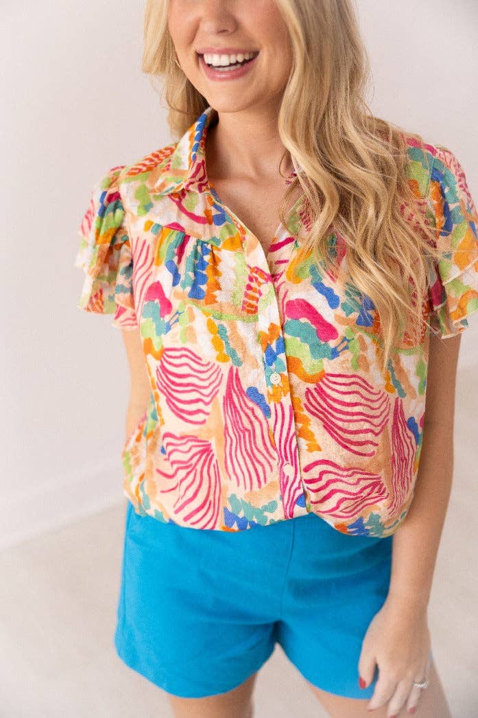 Multi Tropical Print Top Flutter Sleeves for wholesale on Faire9