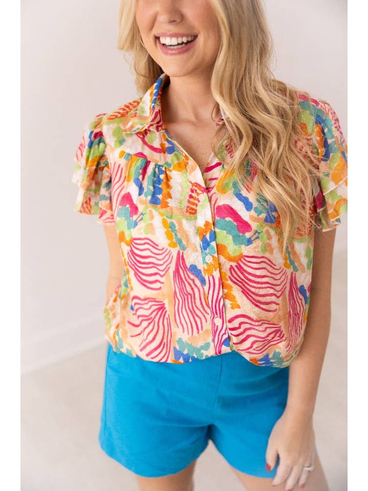 Multi Tropical Print Top Flutter Sleeves for wholesale on Faire9
