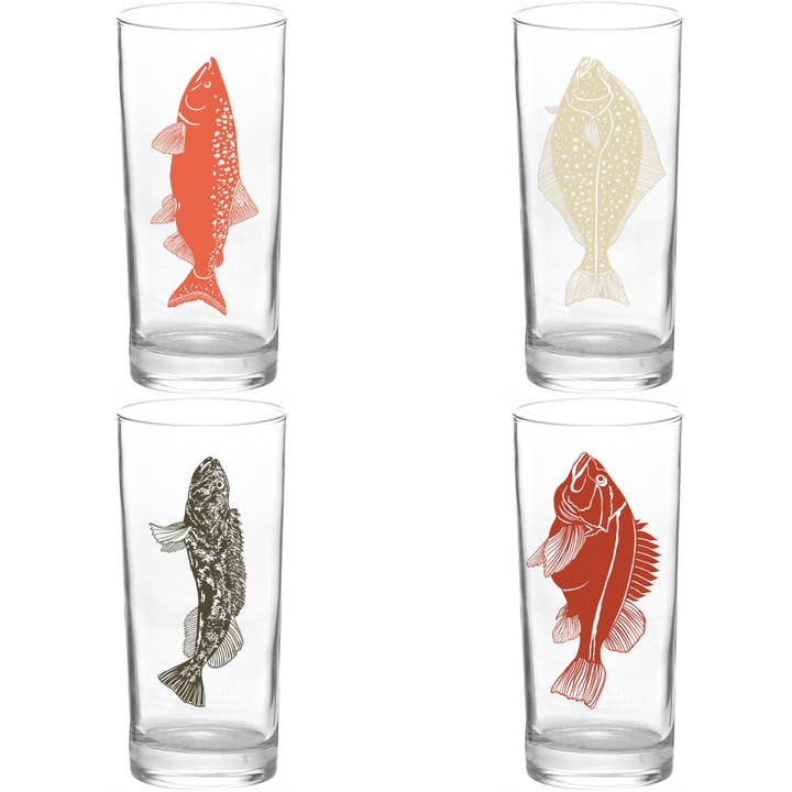 Ensemble coffret de 4 verres Highball Collins 15 oz — série Poisson, colorés et noirs pour la vente par Salty Raven Glassware
