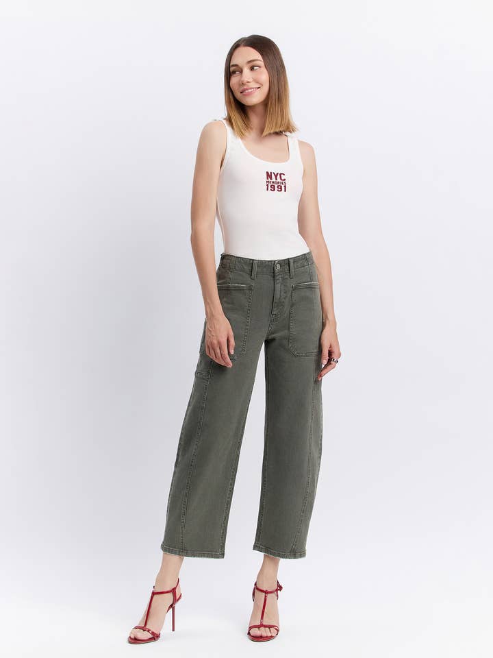 DEEP FOREST SUPER HIGH RISE ELASTIC WAISTBAND BARREL JEANS F5831DPF for wholesale on Faire