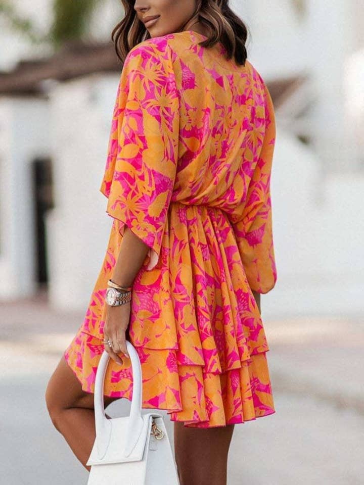 HIDDENBRAND - Wholesale Dress - Women's - V-Neck Print Waist Cinched Dolman Sleeve Dress