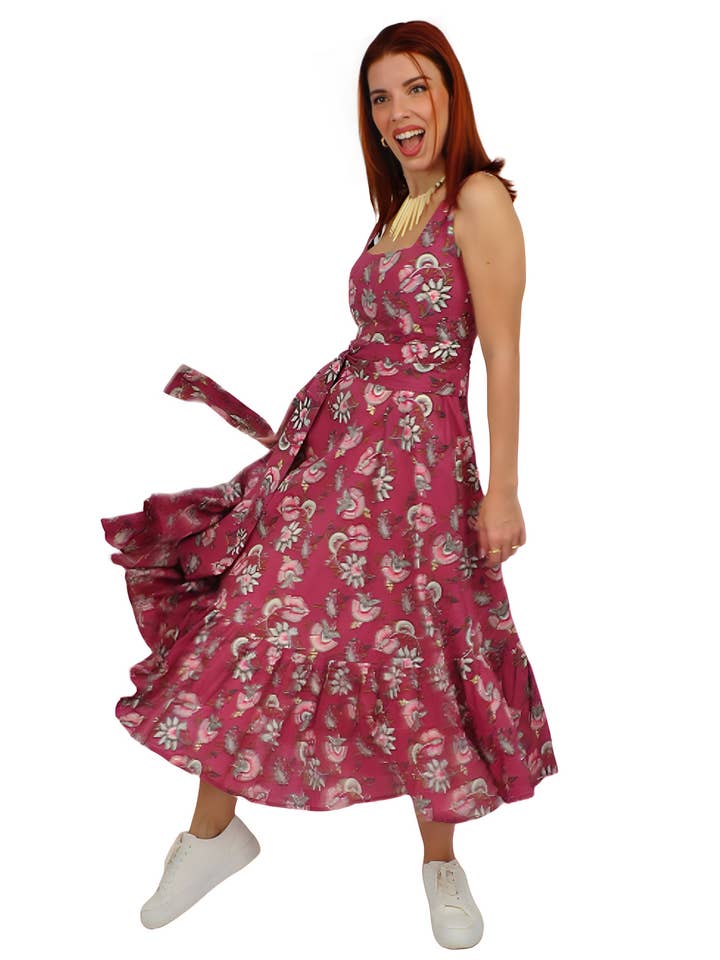 Handmade midi red floral dress for wholesale by Kalimera Clothing Athens