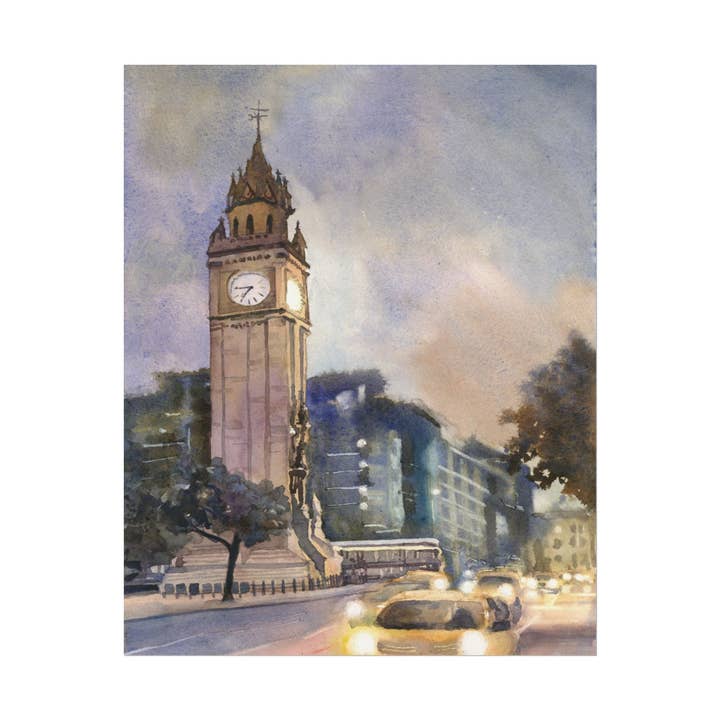 Horloge commémorative Albert à Belfast Affiche aquarelle | Art mural de paysage urbain irlandais Décor de voyage de paysage urbain irlandais pour la vente par Ryan Fox Fine Art