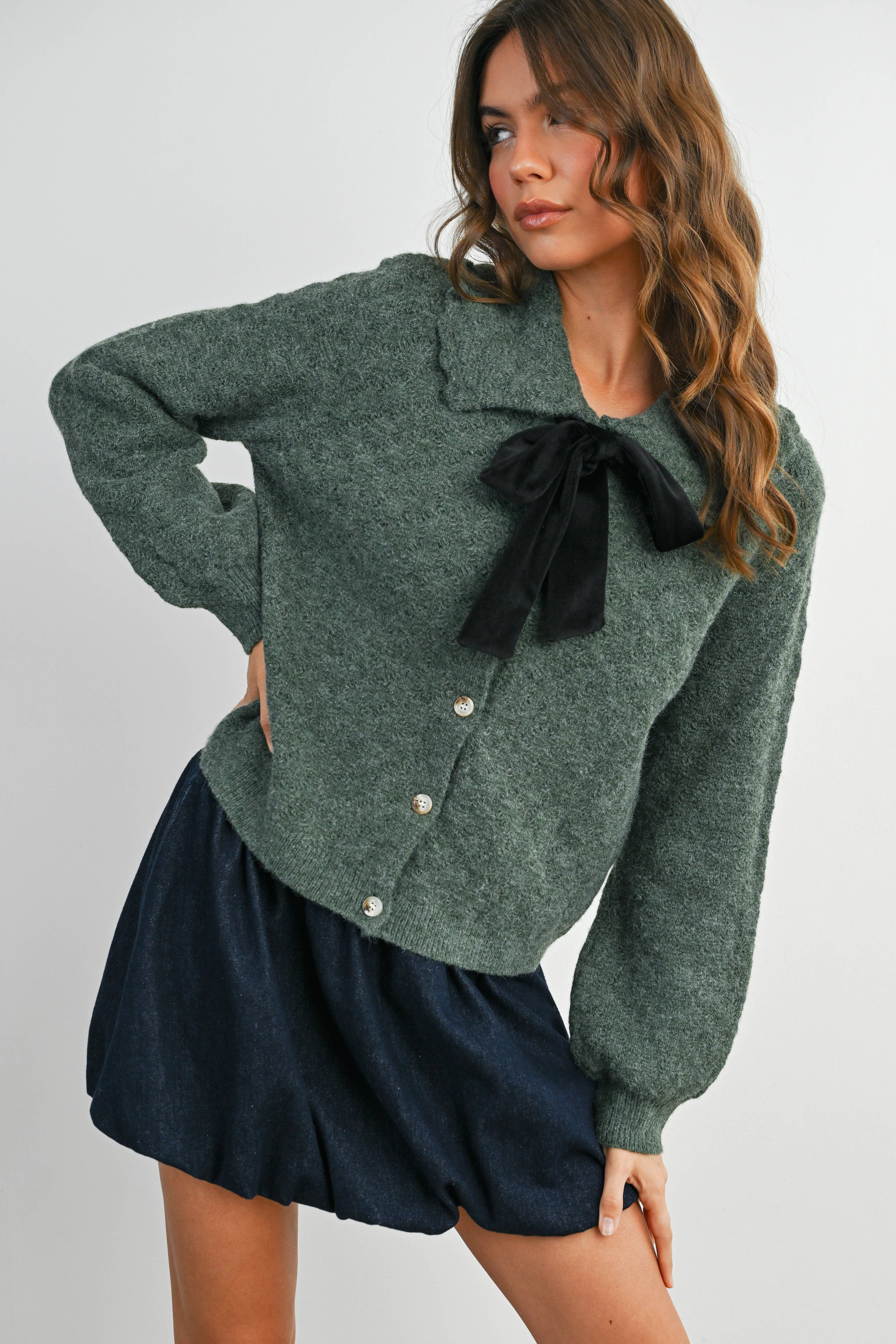BUTTERMELON - Wholesale Cardigan - Women's - Button-Up Bow Front Collared Long Sleeve Top - BMC77766