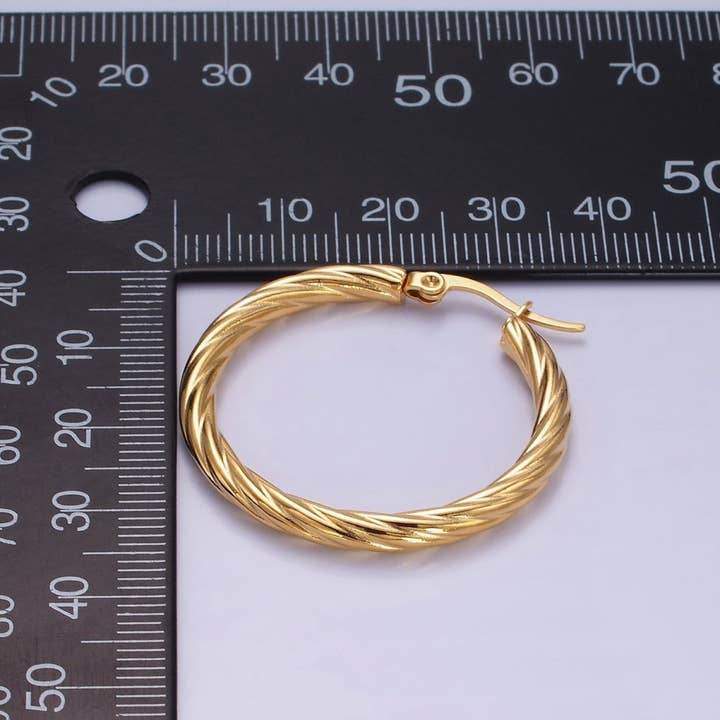 Aim Eternal - Wholesale Hoop Earrings - Stainless Steel 35mm Twisted Line-Textured Latch Hoop Earrings | AE4062